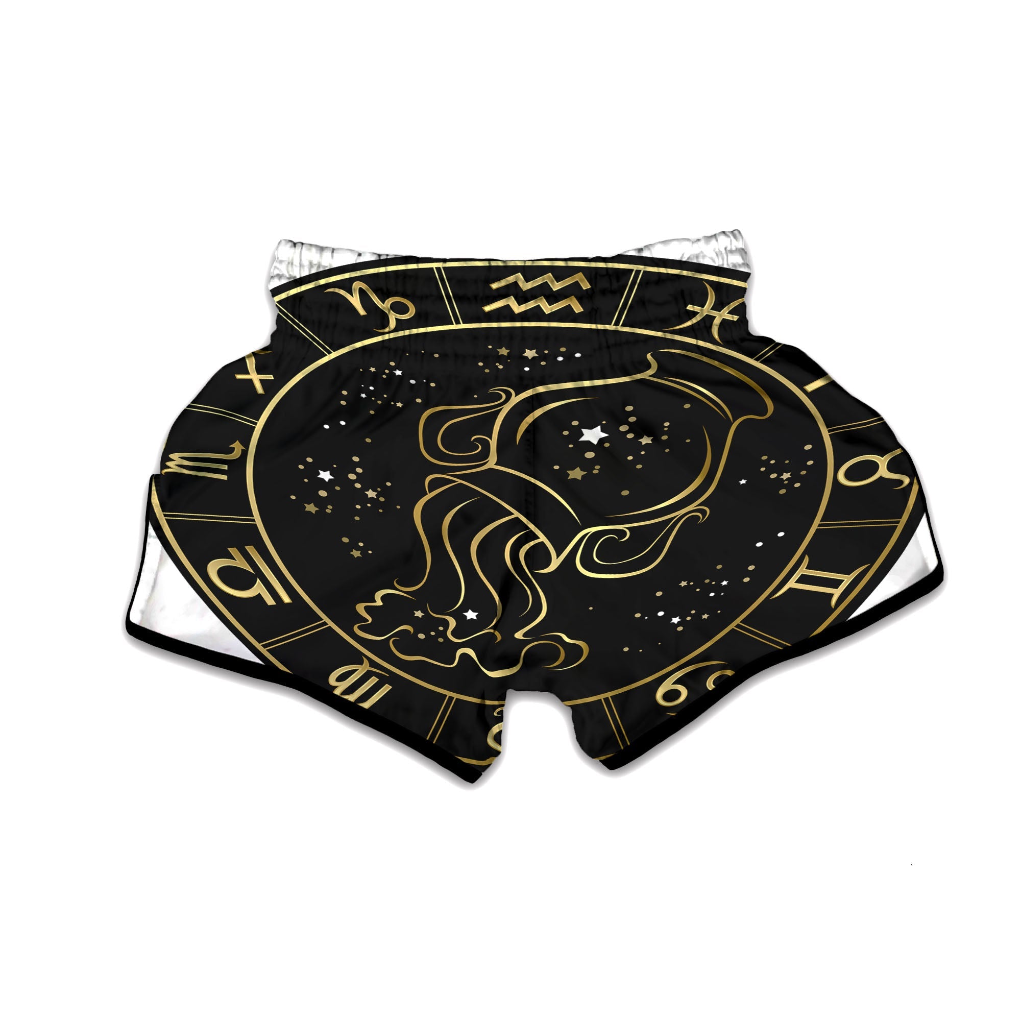 Aquarius Sign Black And Gold Print Muay Thai Boxing Shorts-grizzshop