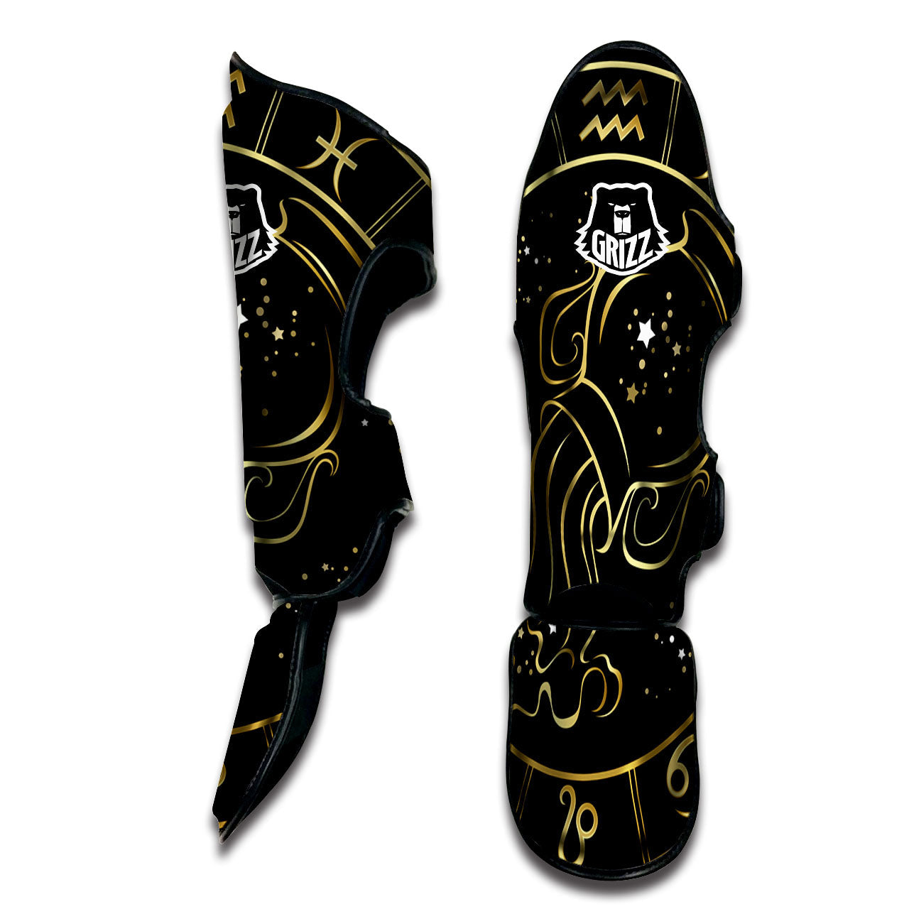Aquarius Sign Black And Gold Print Muay Thai Shin Guards-grizzshop