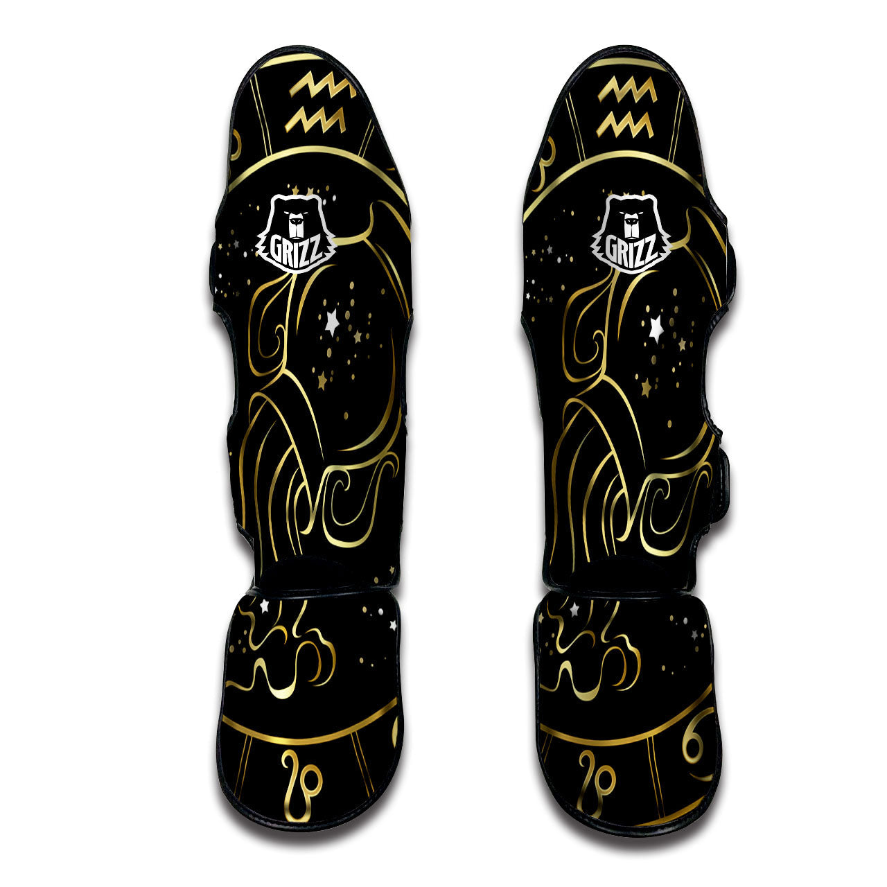Aquarius Sign Black And Gold Print Muay Thai Shin Guards-grizzshop