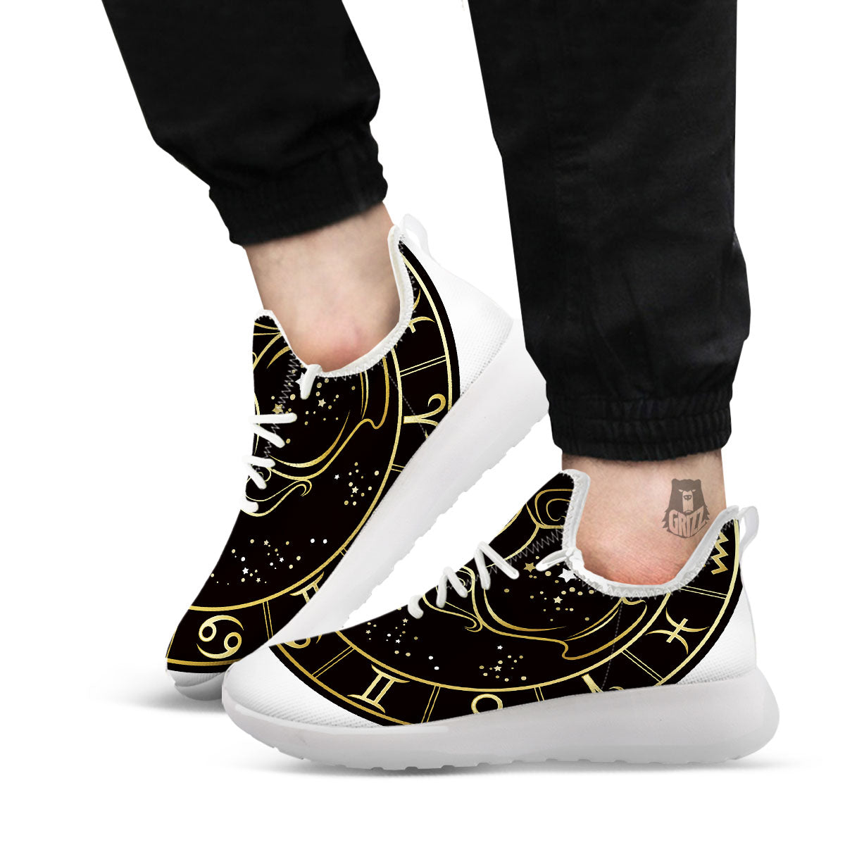 Aquarius Sign Black And Gold Print White Athletic Shoes-grizzshop