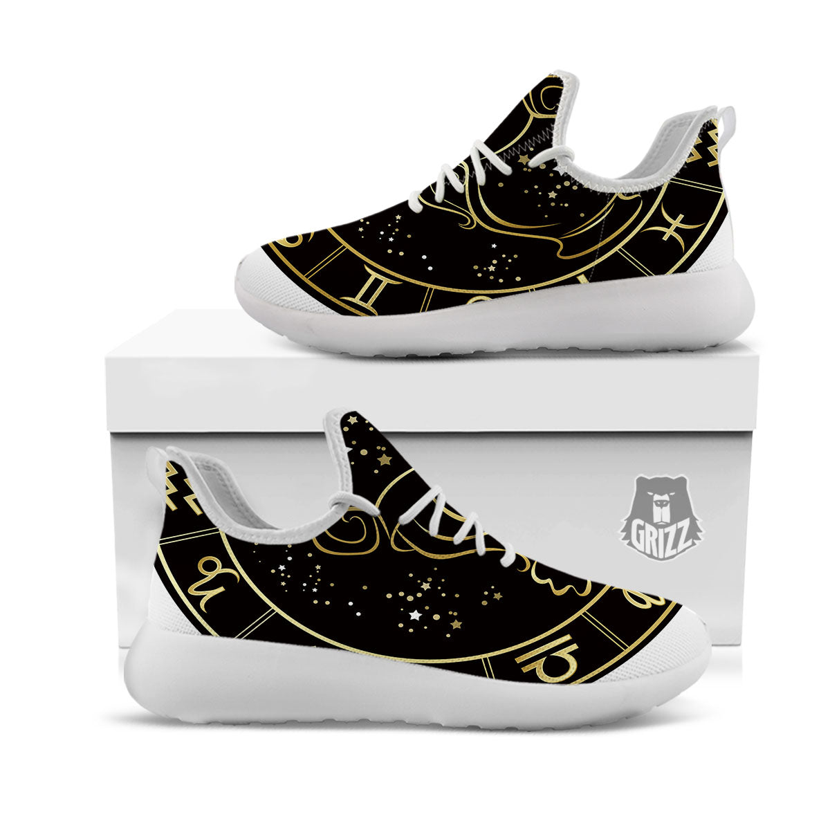 Aquarius Sign Black And Gold Print White Athletic Shoes-grizzshop