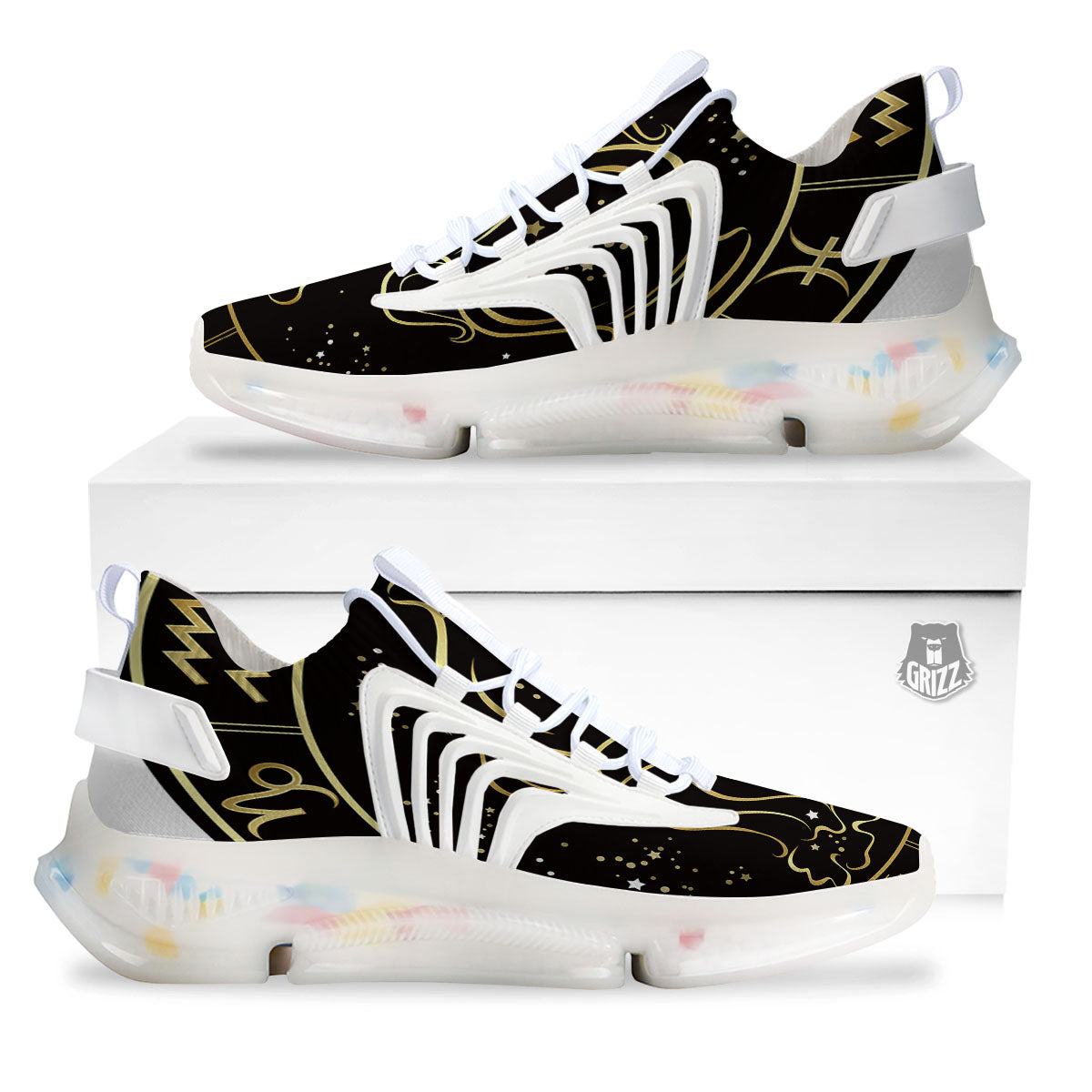 Aquarius Sign Black And Gold Print White Gym Shoes-grizzshop