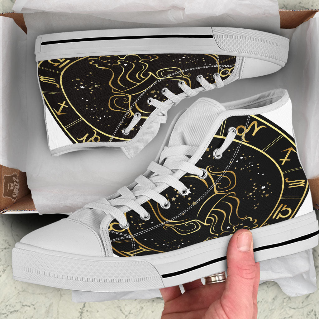 Aquarius Sign Black And Gold Print White High Top Shoes-grizzshop
