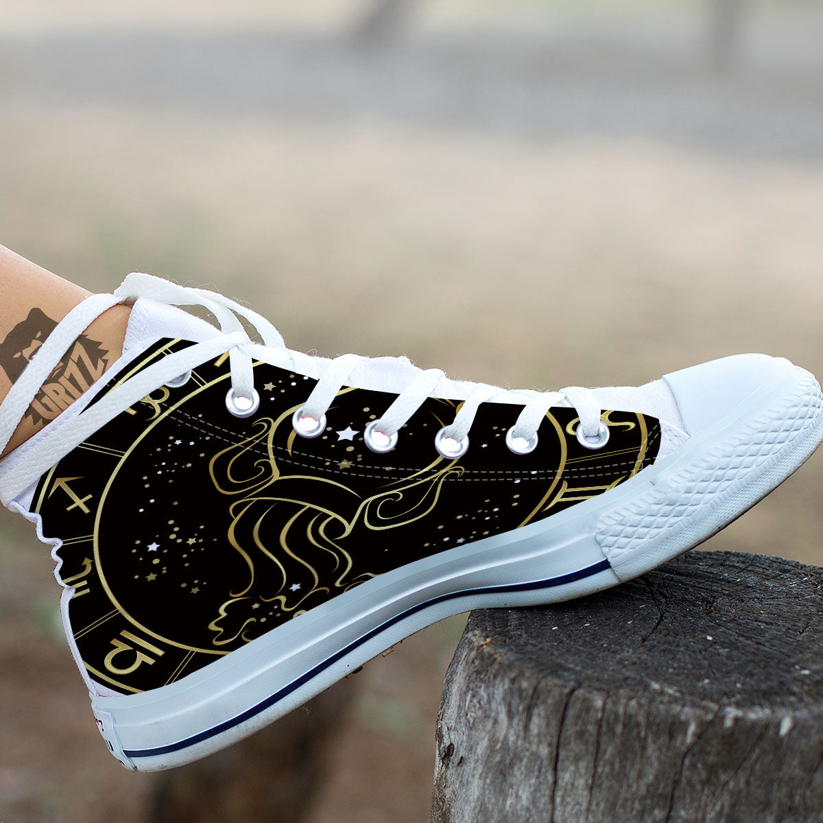 Aquarius Sign Black And Gold Print White High Top Shoes-grizzshop