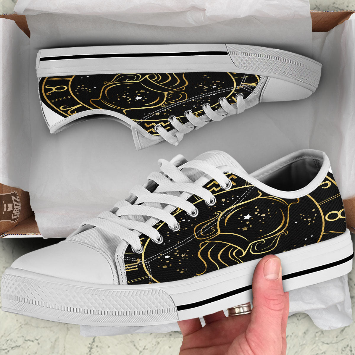 Aquarius Sign Black And Gold Print White Low Top Shoes-grizzshop