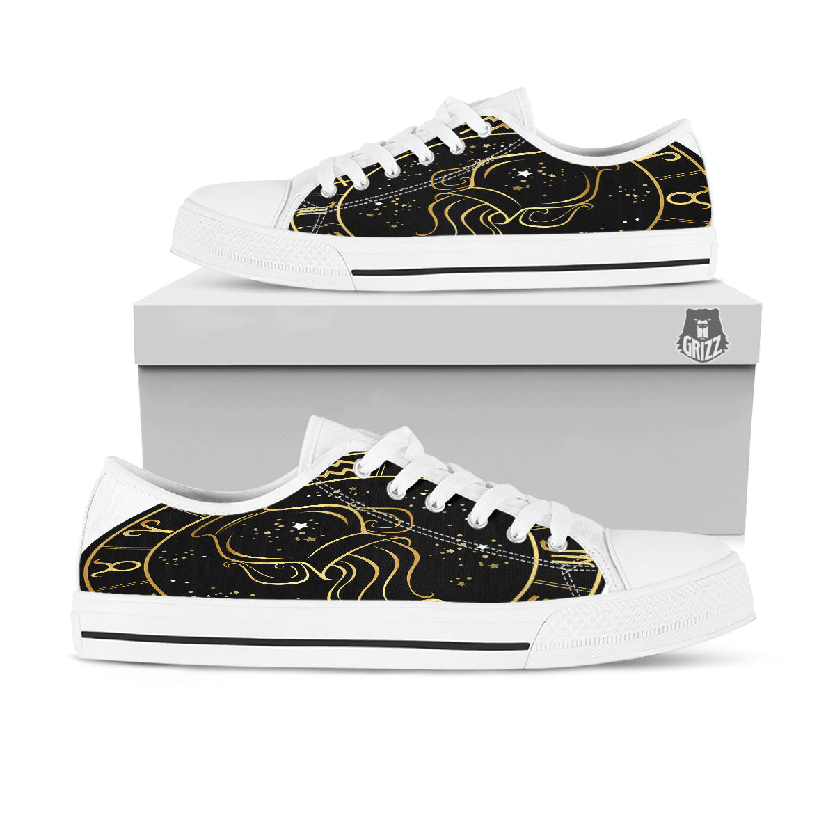 Aquarius Sign Black And Gold Print White Low Top Shoes-grizzshop