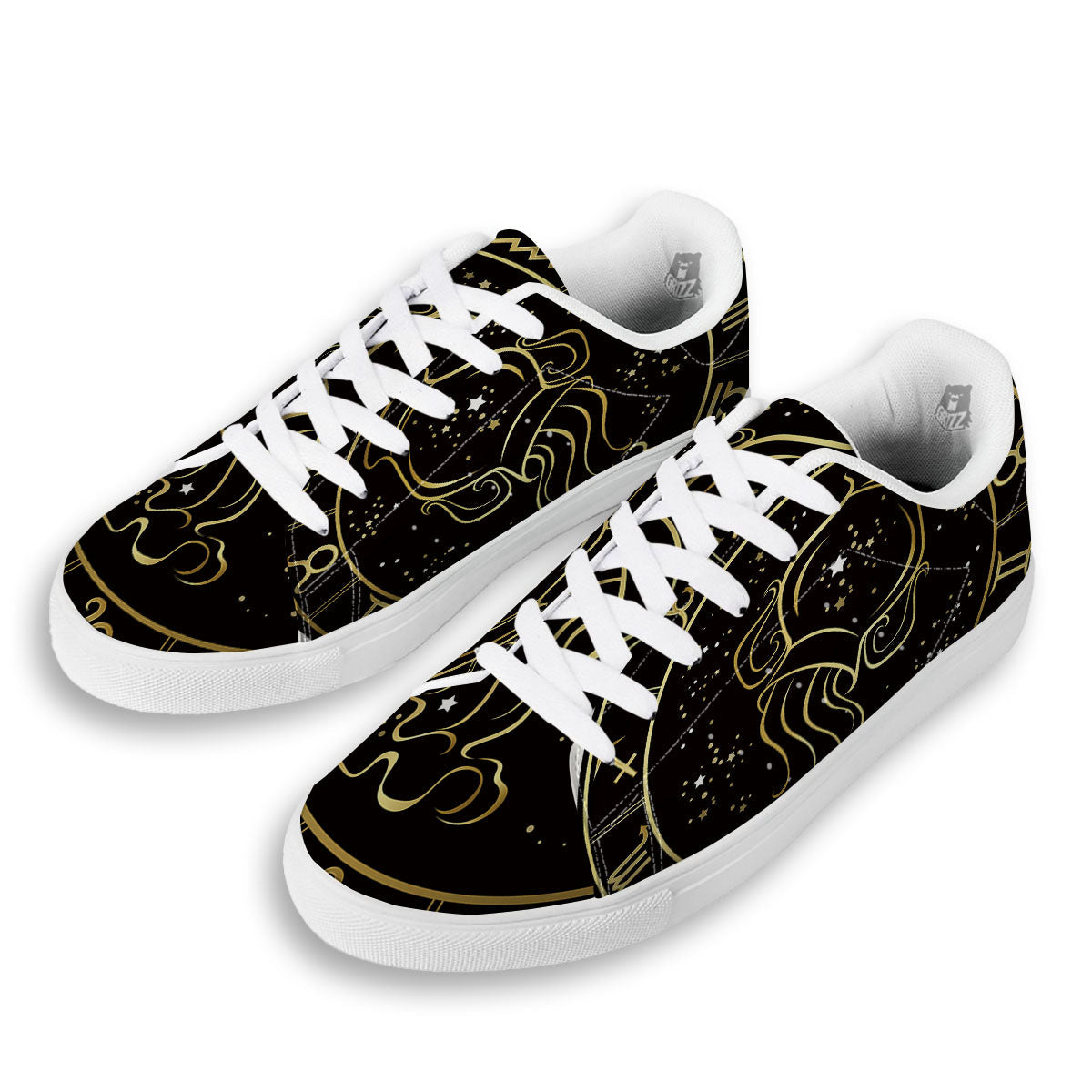 Aquarius Sign Black And Gold Print White Low Top Sneakers-grizzshop