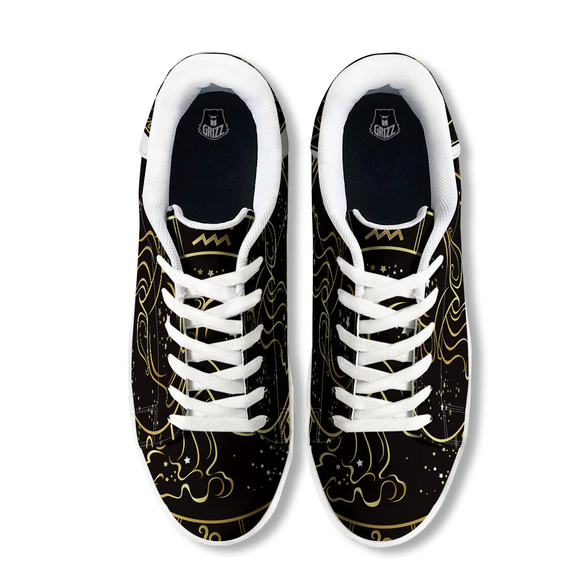 Aquarius Sign Black And Gold Print White Low Top Sneakers-grizzshop