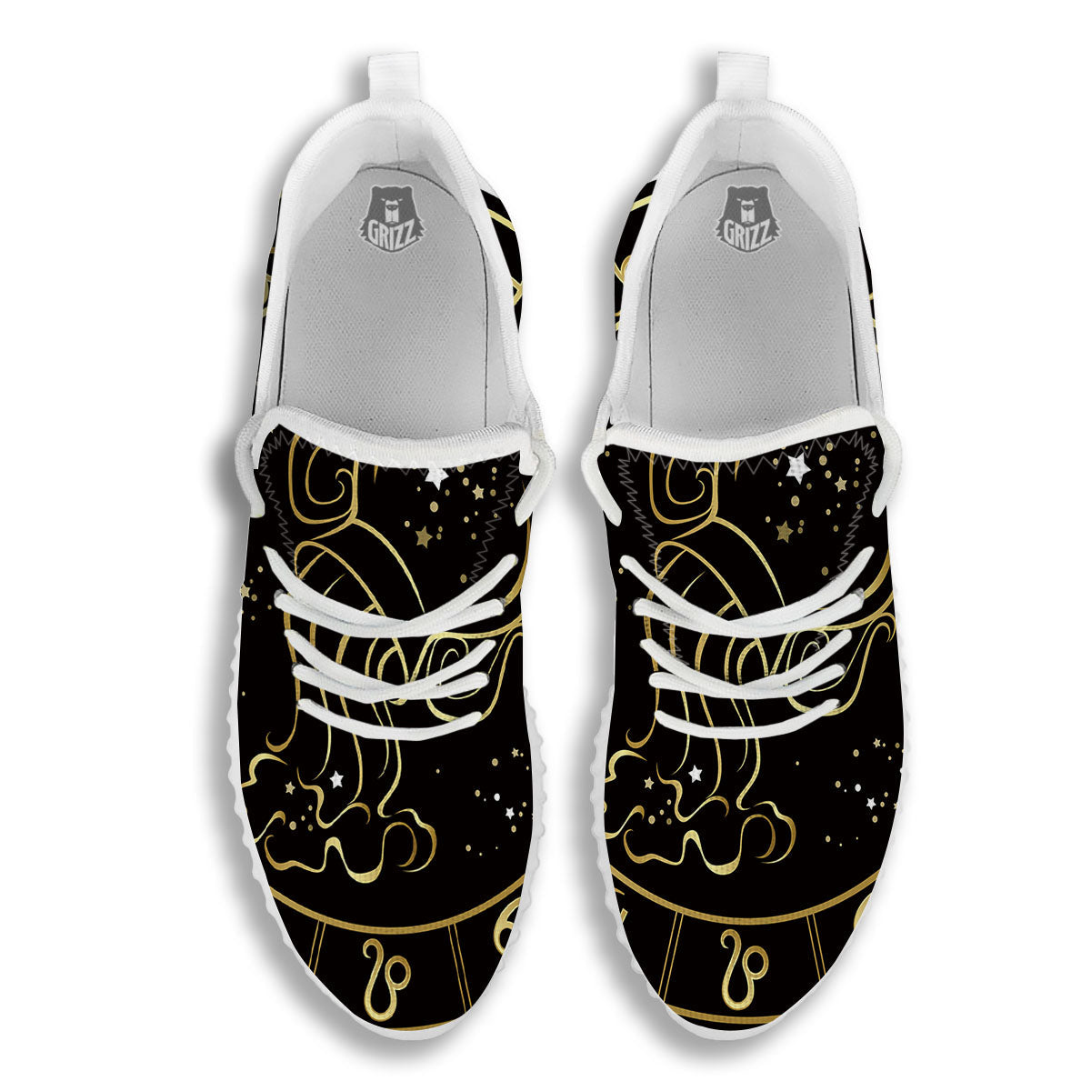 Aquarius Sign Black And Gold Print White Walking Shoes-grizzshop
