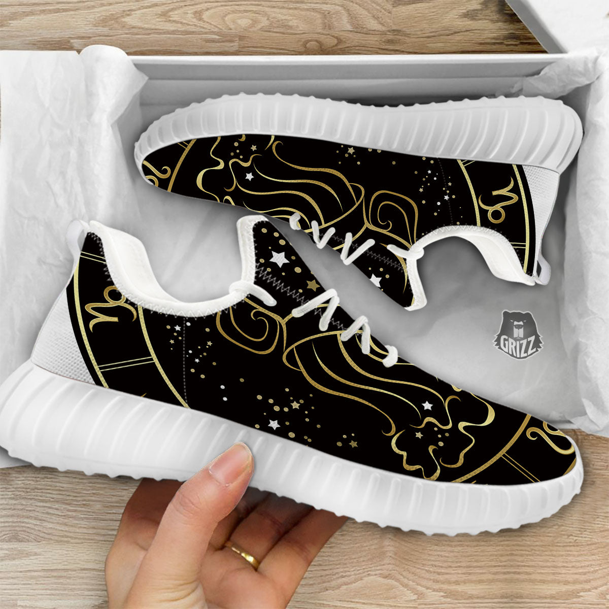 Aquarius Sign Black And Gold Print White Walking Shoes-grizzshop