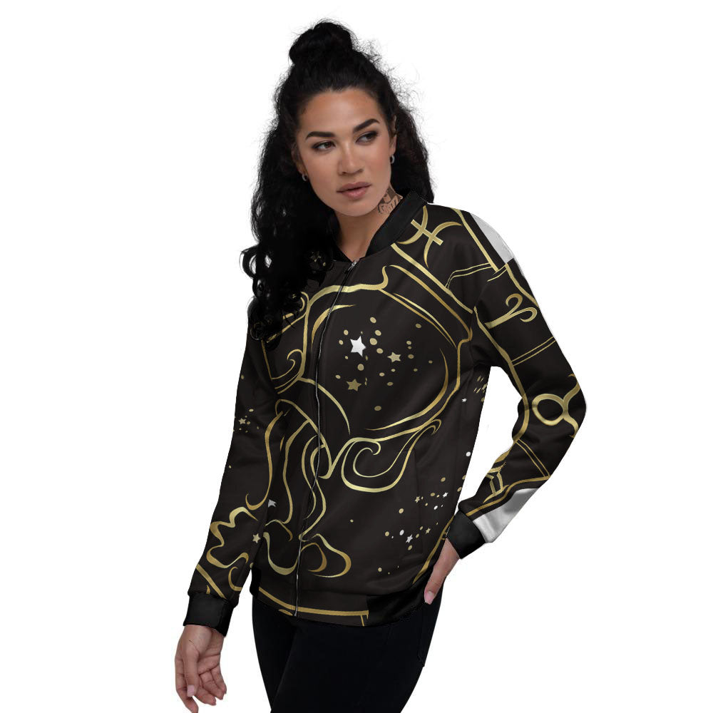 Aquarius Sign Black And Gold Print Women's Bomber Jacket-grizzshop