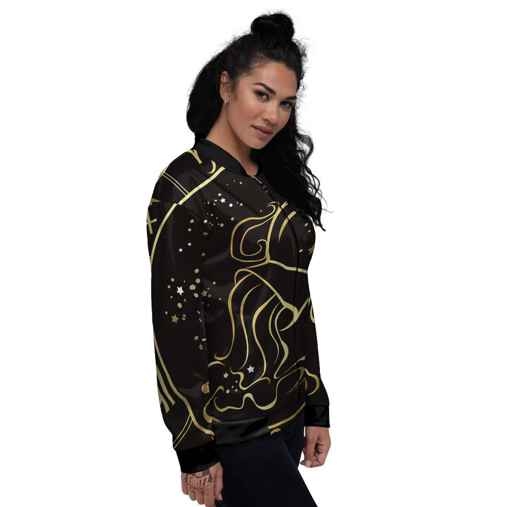 Aquarius Sign Black And Gold Print Women's Bomber Jacket-grizzshop