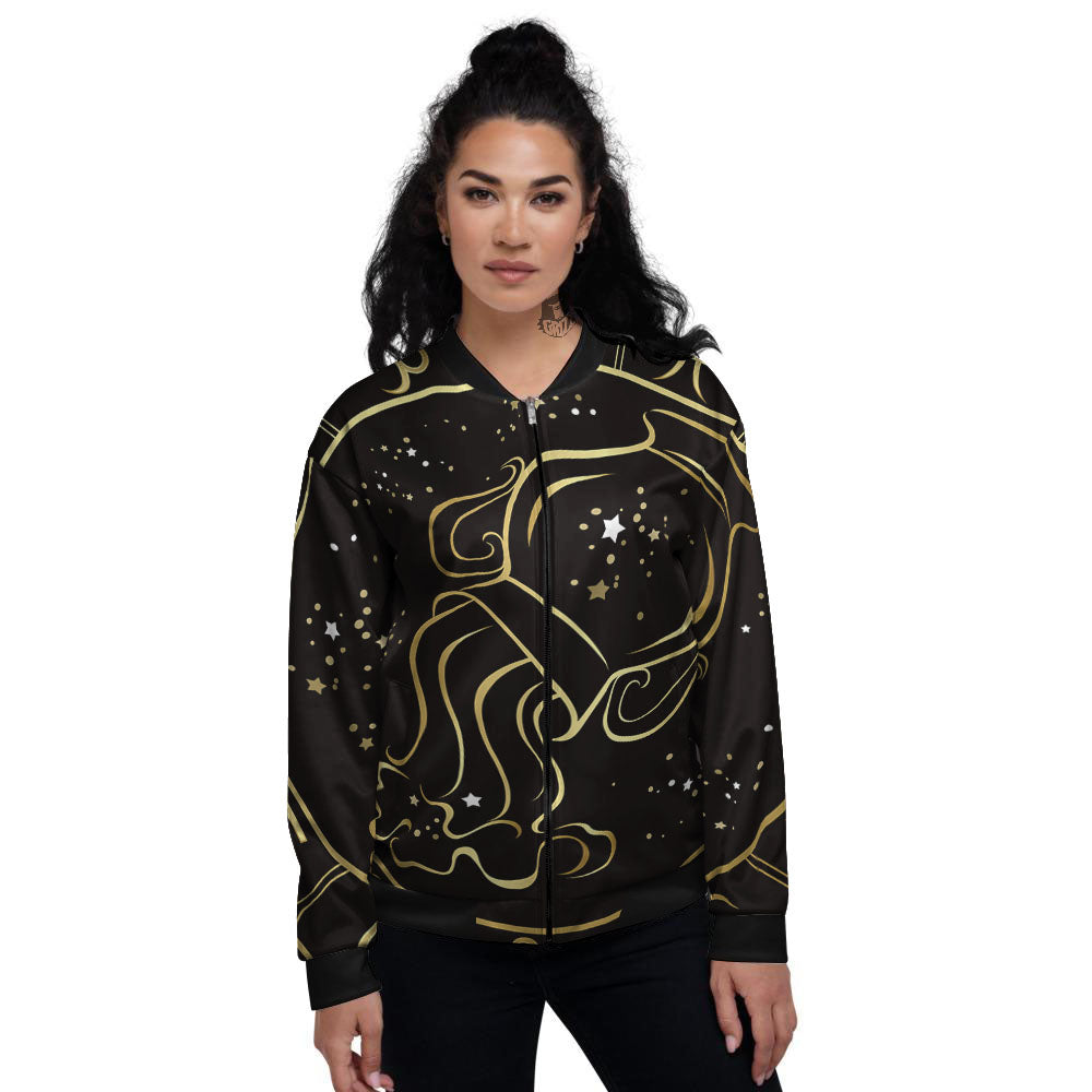 Aquarius Sign Black And Gold Print Women's Bomber Jacket-grizzshop