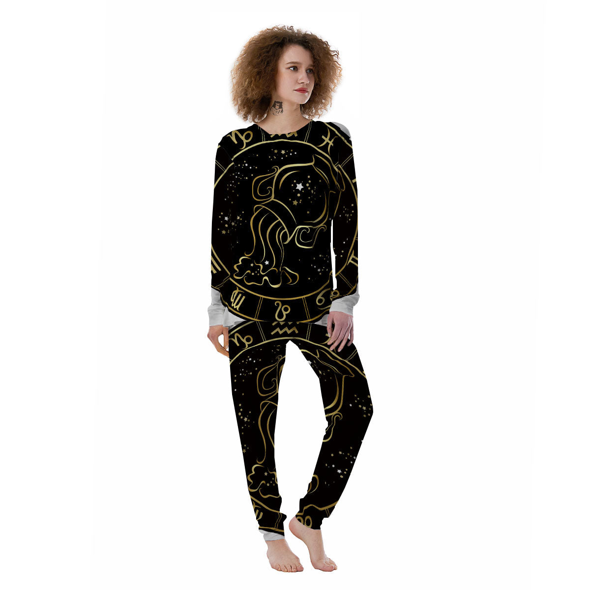 Aquarius Sign Black And Gold Print Women's Pajamas-grizzshop