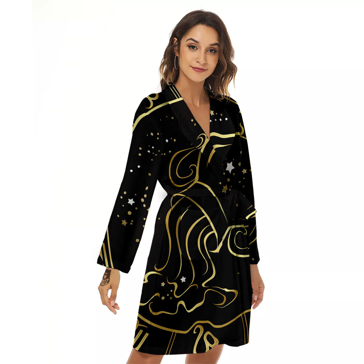 Aquarius Sign Black And Gold Print Women's Robe-grizzshop