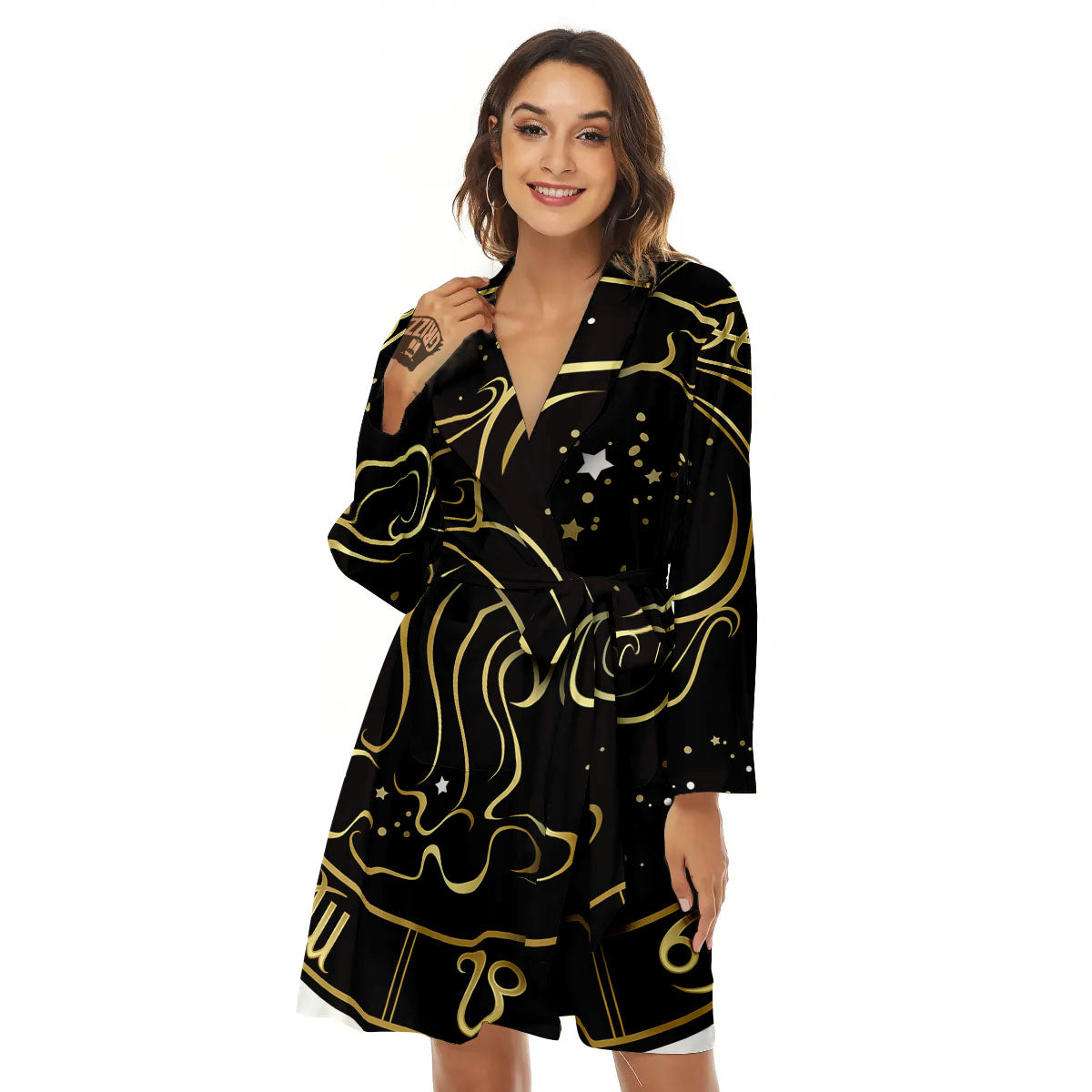 Aquarius Sign Black And Gold Print Women's Robe-grizzshop