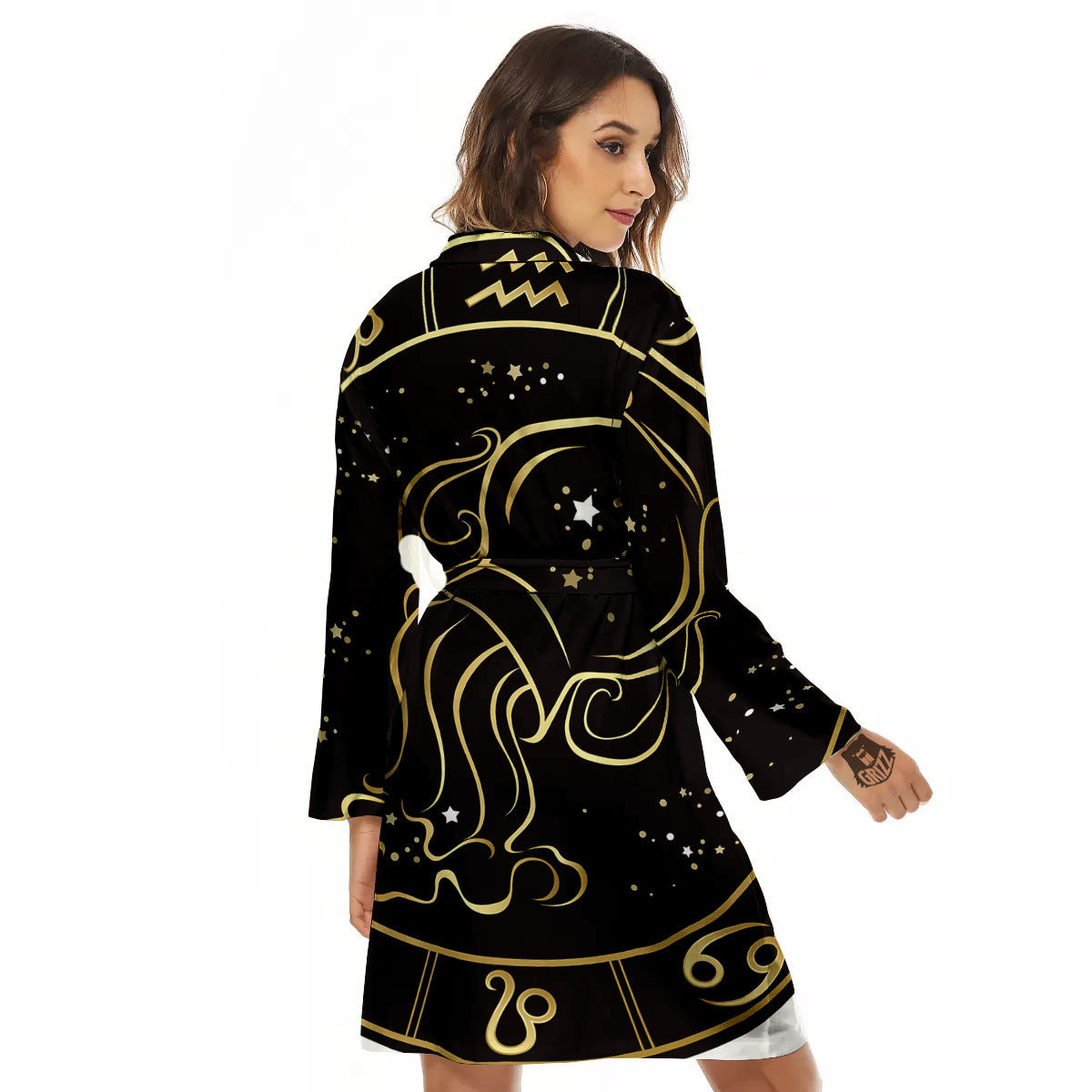 Aquarius Sign Black And Gold Print Women's Robe-grizzshop