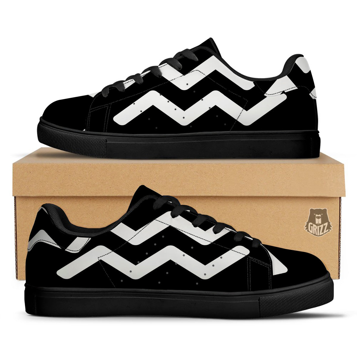 Aquarius Sign White And Black Print Black Low Top Sneakers-grizzshop