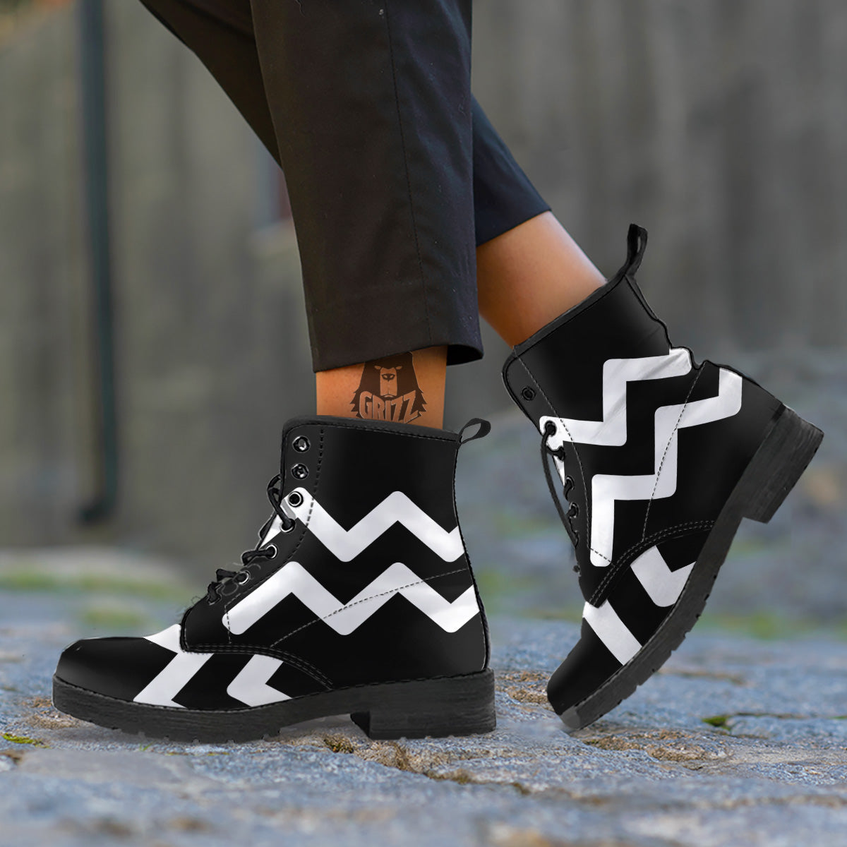 Aquarius Sign White And Black Print Leather Boots-grizzshop