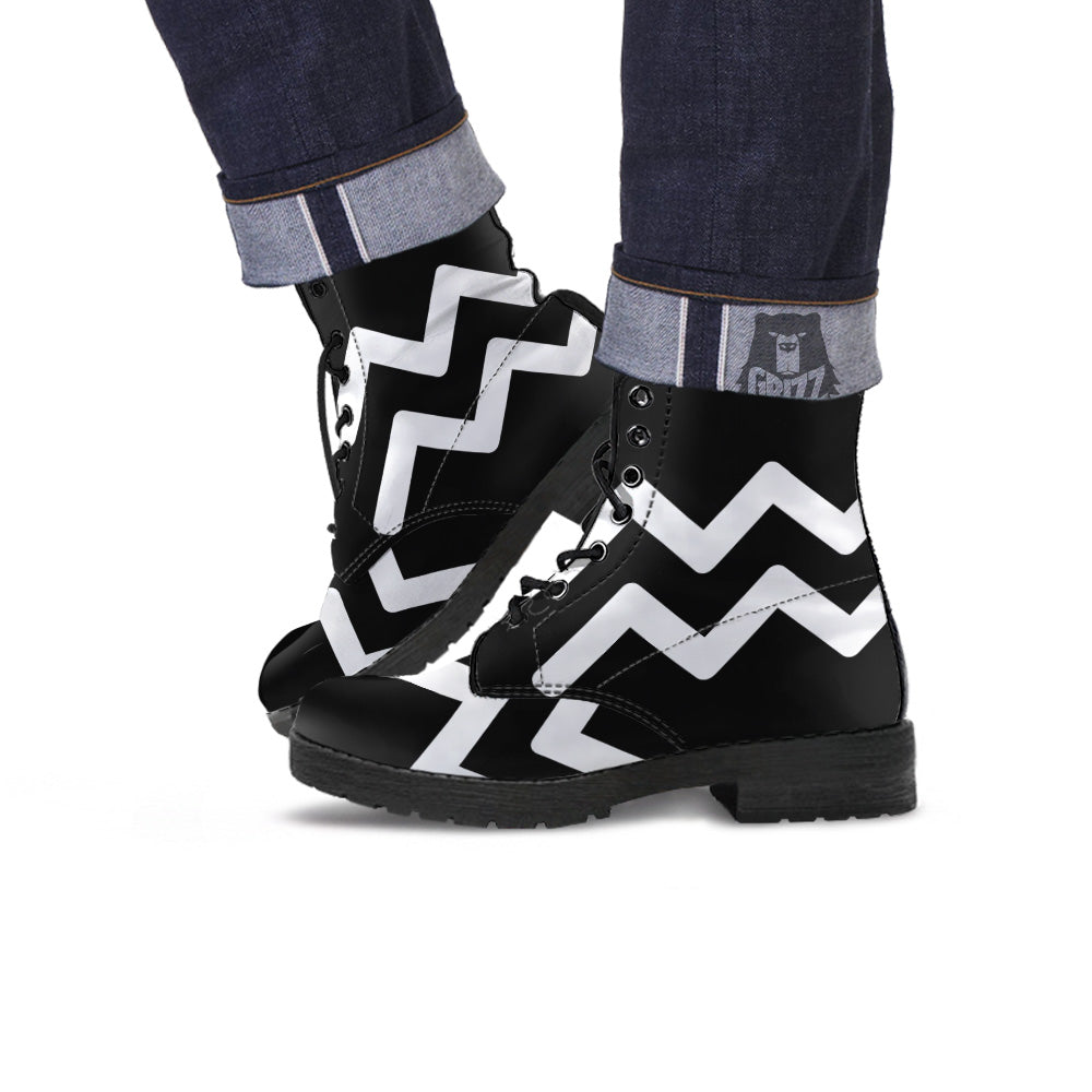 Aquarius Sign White And Black Print Leather Boots-grizzshop