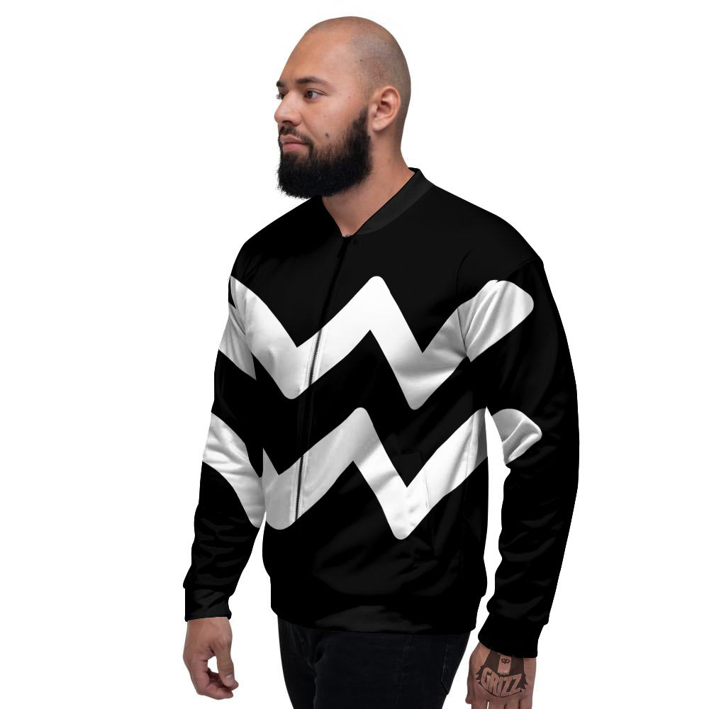 Aquarius Sign White And Black Print Men's Bomber Jacket-grizzshop