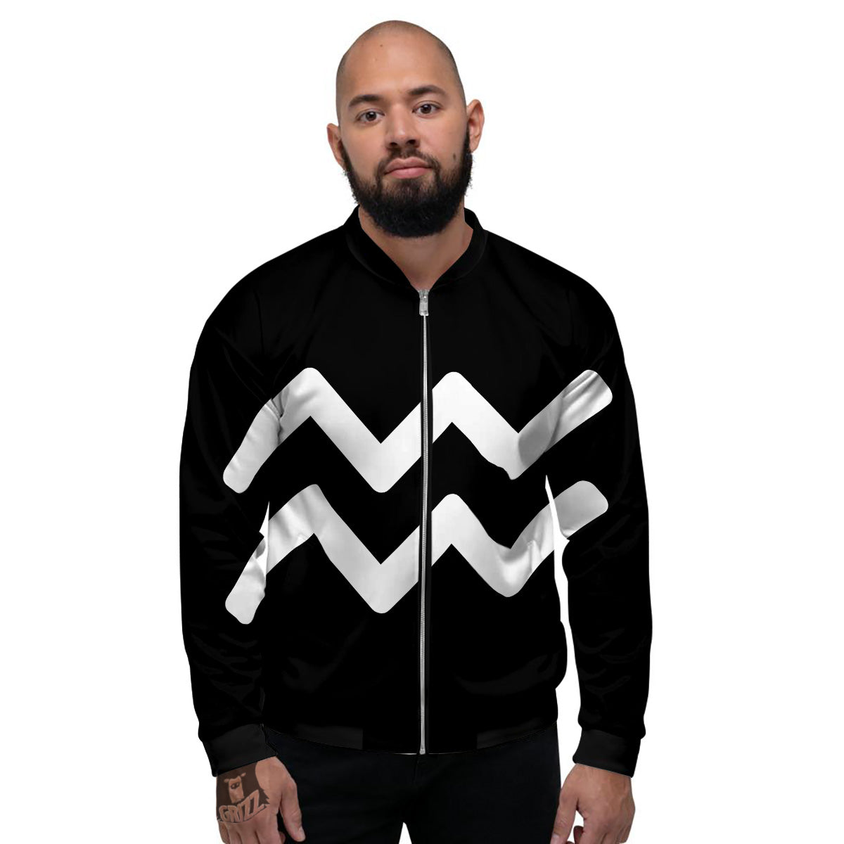 Aquarius Sign White And Black Print Men's Bomber Jacket-grizzshop