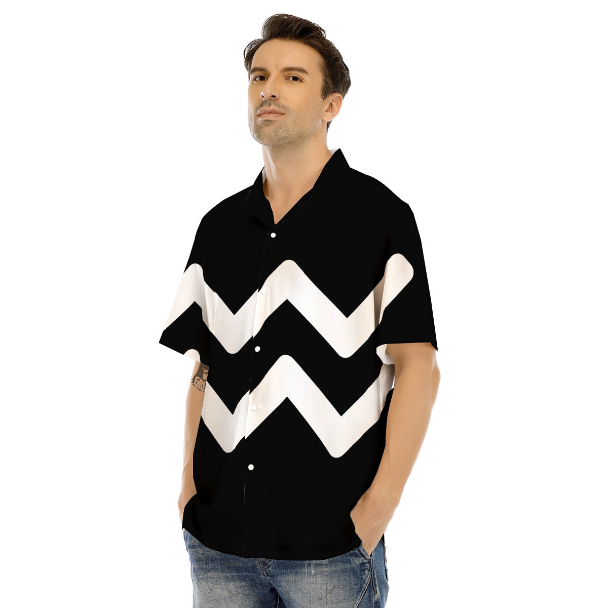 Aquarius Sign White And Black Print Men's Hawaiian Shirt-grizzshop