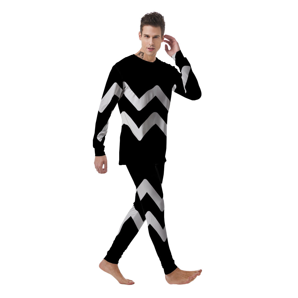 Aquarius Sign White And Black Print Men's Pajamas-grizzshop