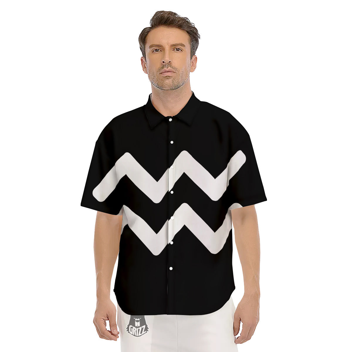 Aquarius Sign White And Black Print Men's Short Sleeve Shirts-grizzshop