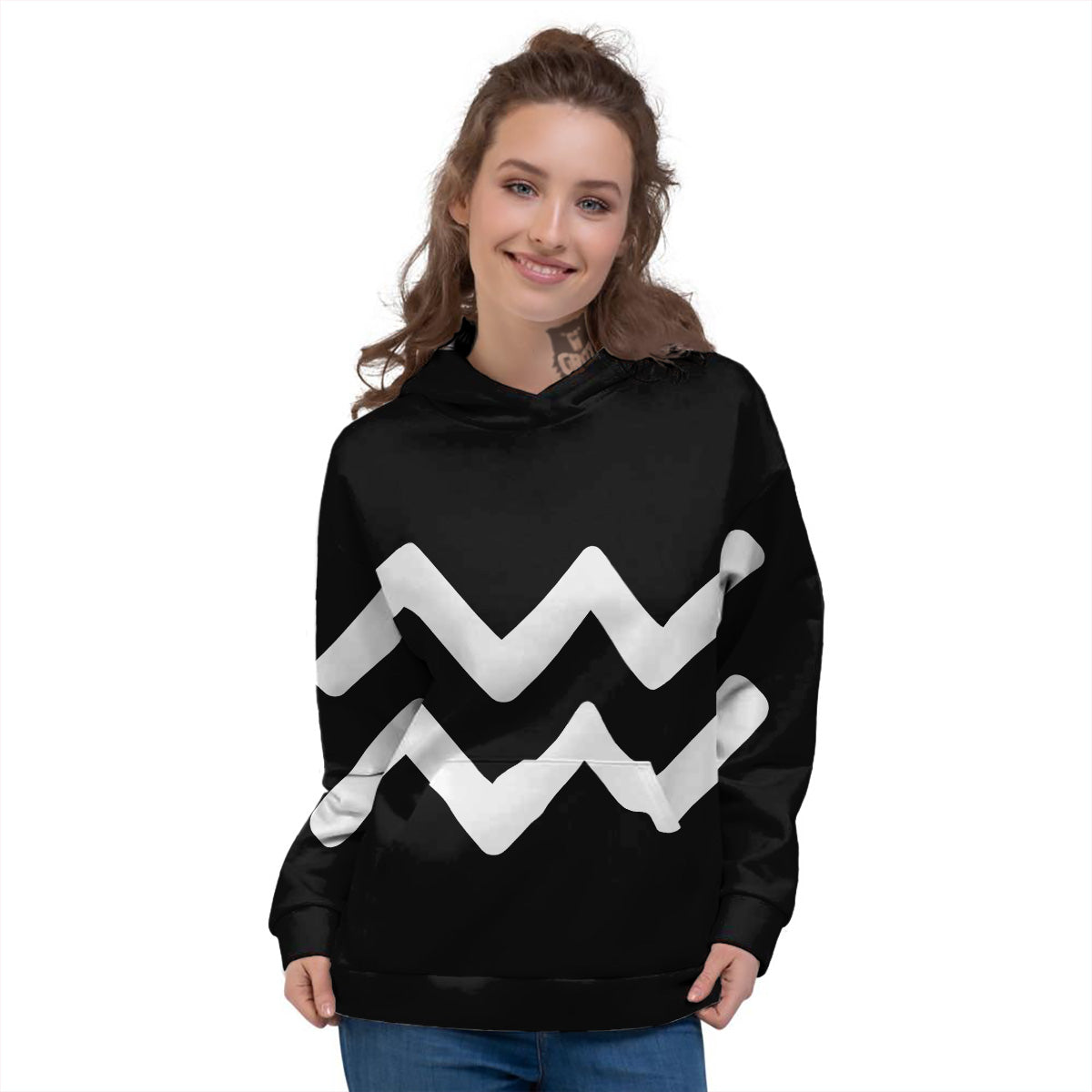 Aquarius Sign White And Black Print Women's Hoodie-grizzshop