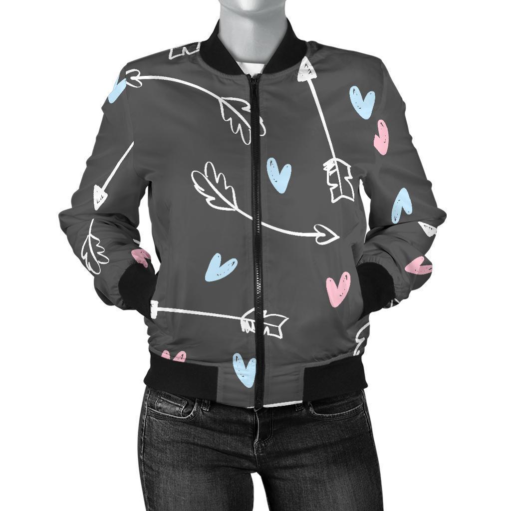 Archery Heart Pattern Print Women Casual Bomber Jacket-grizzshop