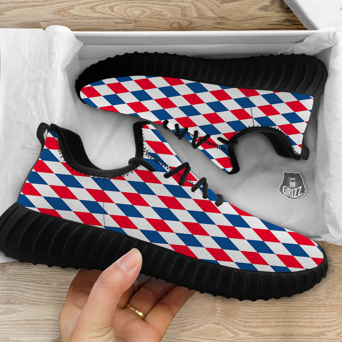 Argyle American Print Pattern Black Walking Shoes-grizzshop