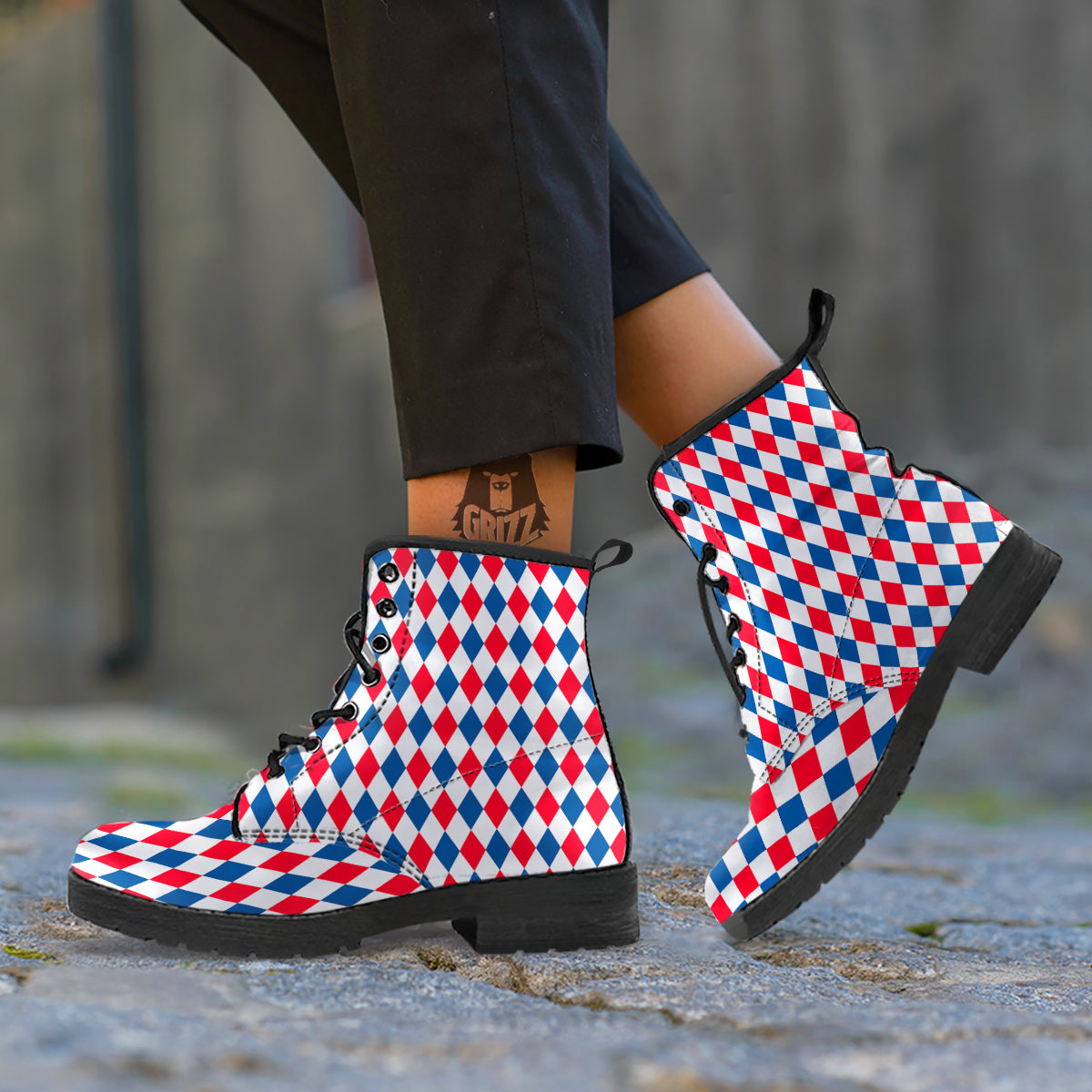Argyle American Print Pattern Leather Boots-grizzshop