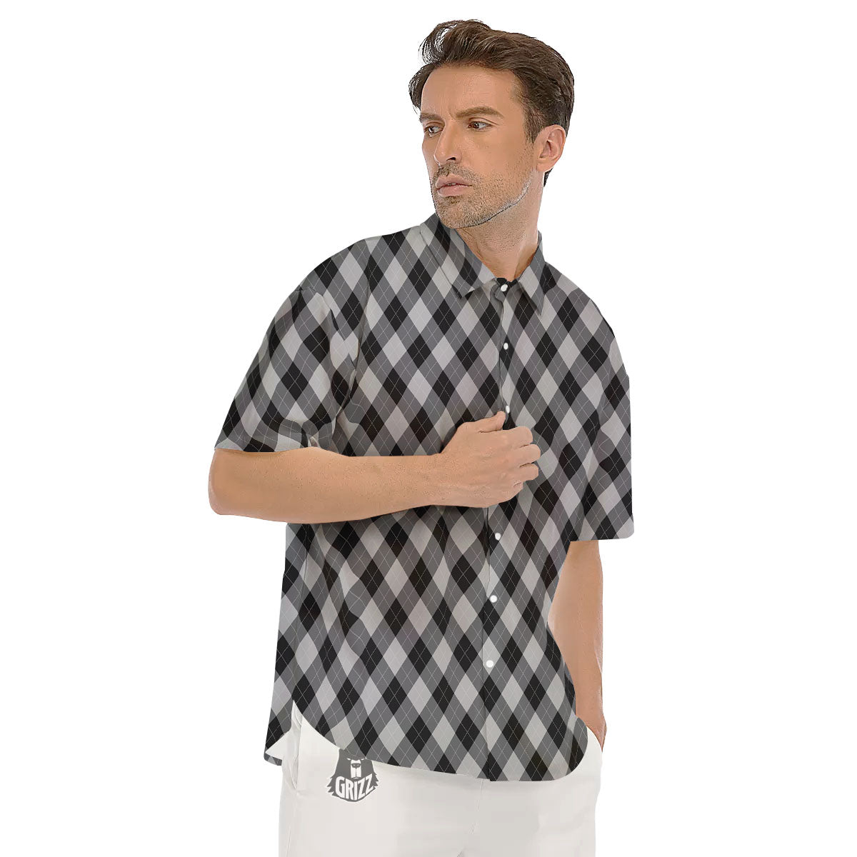 Argyle Black And Grey Print Pattern Men's Short Sleeve Shirts-grizzshop