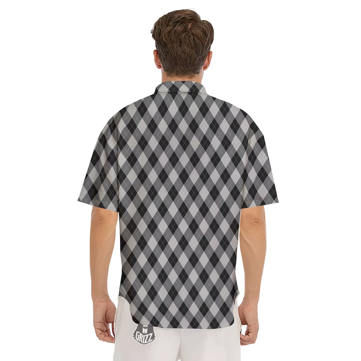 Argyle Black And Grey Print Pattern Men's Short Sleeve Shirts-grizzshop