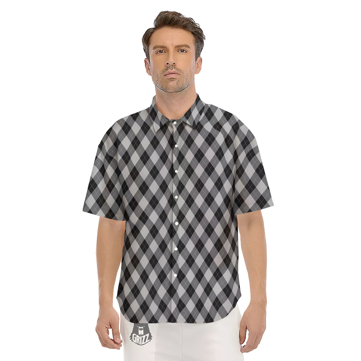 Argyle Black And Grey Print Pattern Men's Short Sleeve Shirts-grizzshop