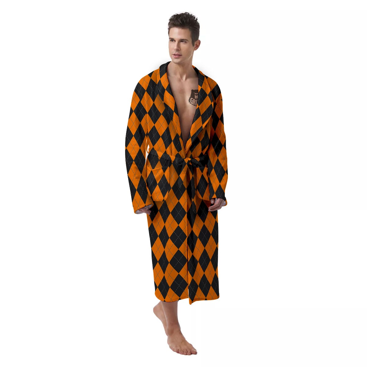 Argyle Black And Orange Print Men's Robe-grizzshop