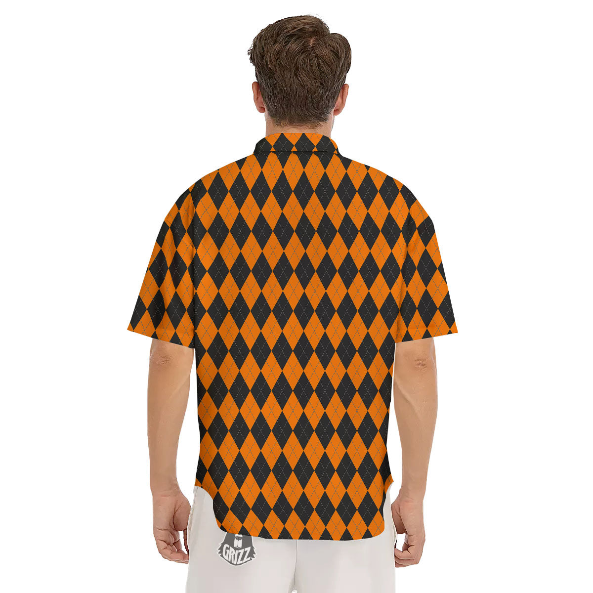 Argyle Black And Orange Print Men's Short Sleeve Shirts-grizzshop