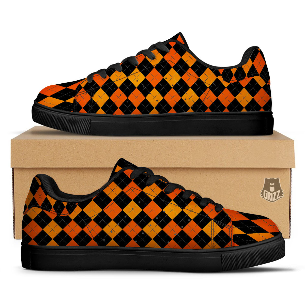 Argyle Black And Orange Print Pattern Black Low Top Sneakers-grizzshop