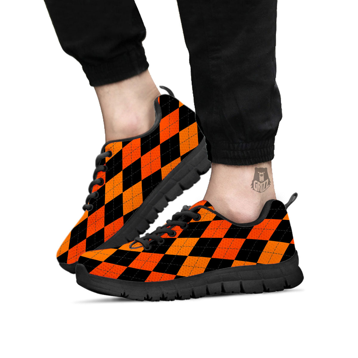 Argyle Black And Orange Print Pattern Black Sneaker-grizzshop