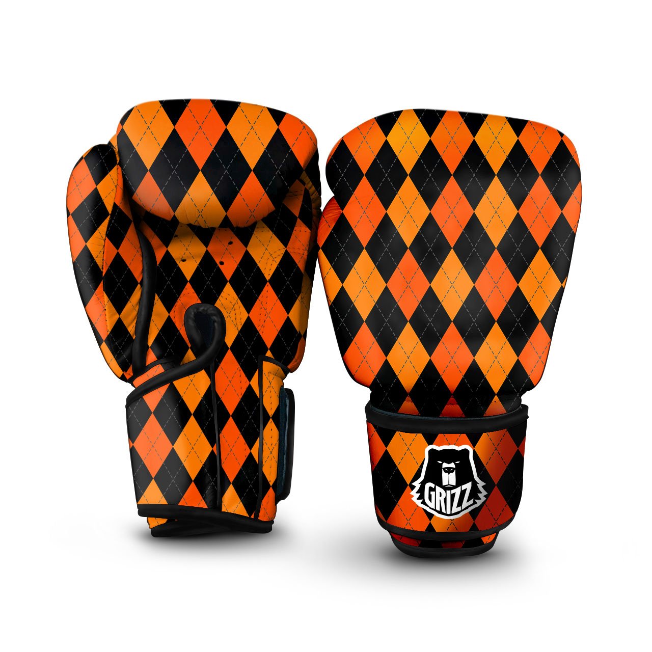 Argyle Black And Orange Print Pattern Boxing Gloves-grizzshop