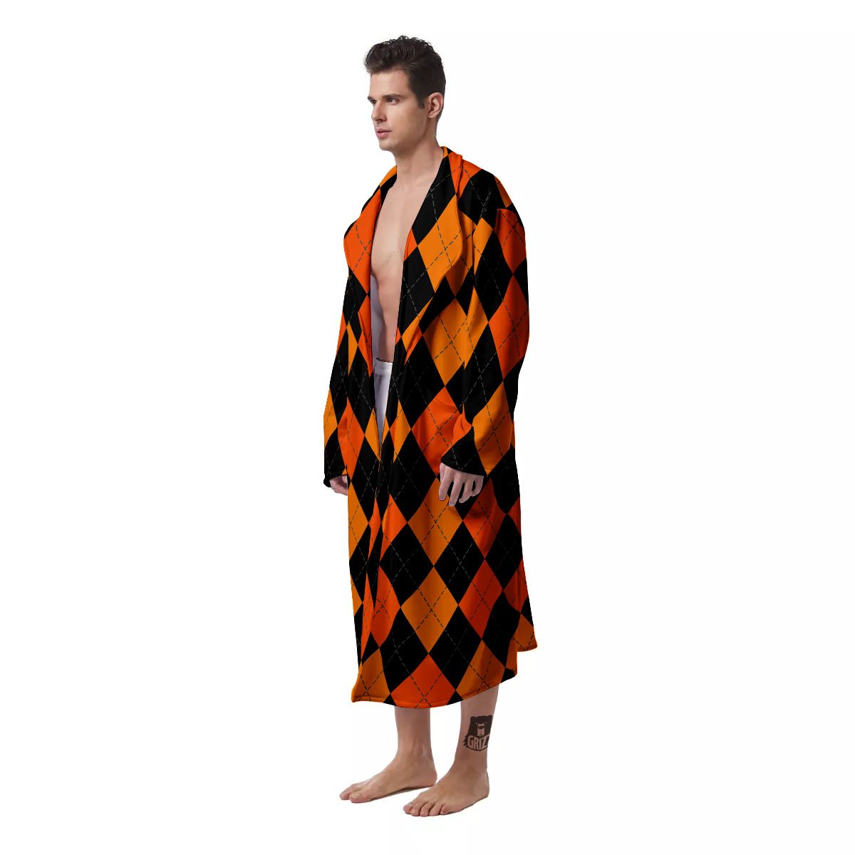 Argyle Black And Orange Print Pattern Men's Robe-grizzshop