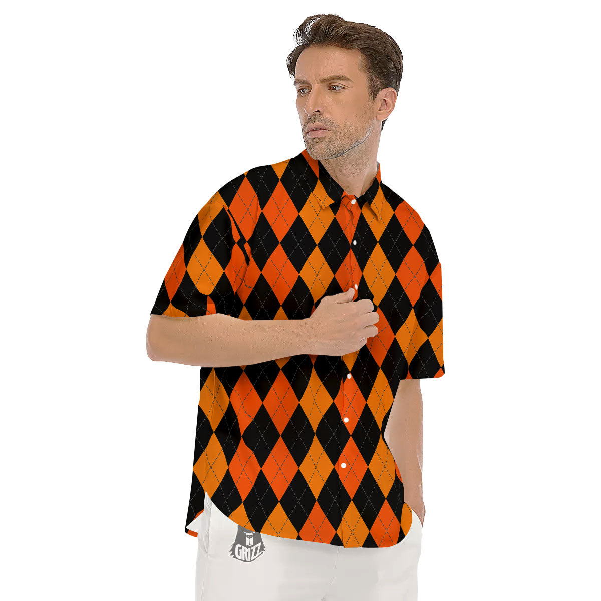 Argyle Black And Orange Print Pattern Men's Short Sleeve Shirts-grizzshop