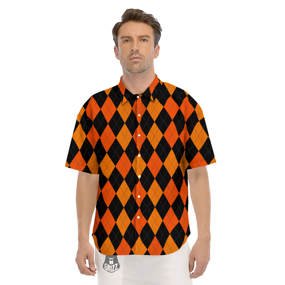 Argyle Black And Orange Print Pattern Men's Short Sleeve Shirts-grizzshop