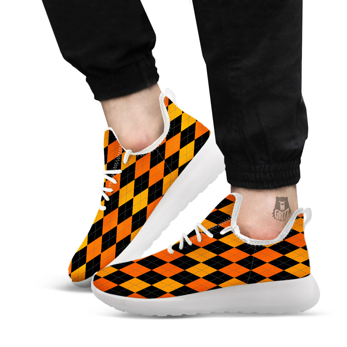 Argyle Black And Orange Print Pattern White Athletic Shoes-grizzshop