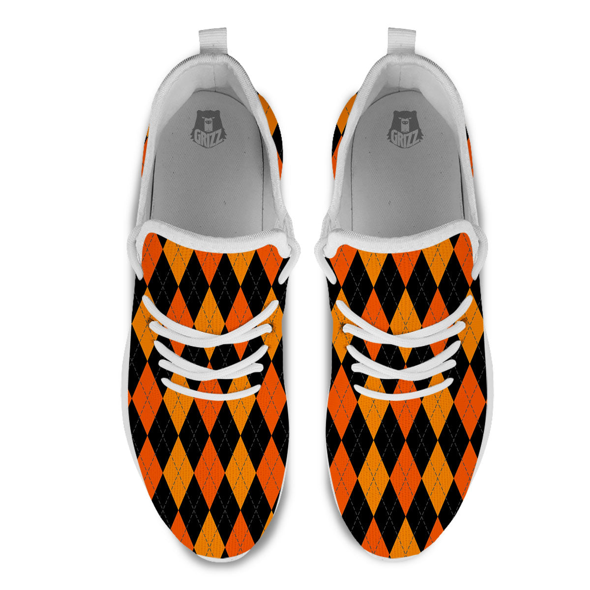 Argyle Black And Orange Print Pattern White Athletic Shoes-grizzshop