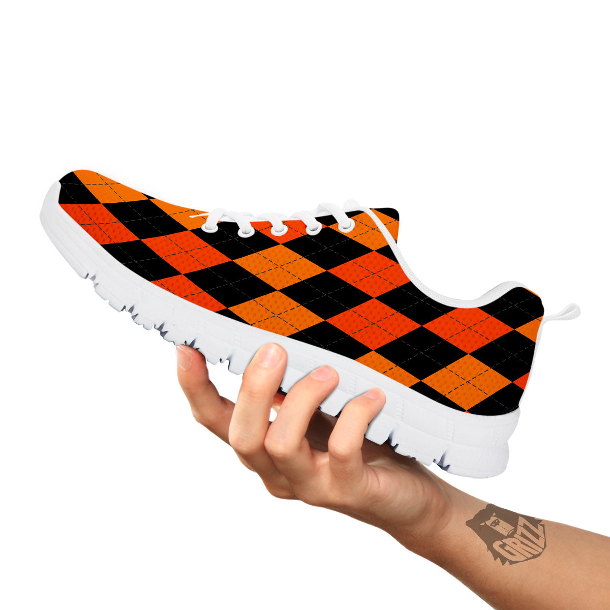 Argyle Black And Orange Print Pattern White Sneaker-grizzshop
