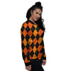 Argyle Black And Orange Print Pattern Women's Bomber Jacket-grizzshop