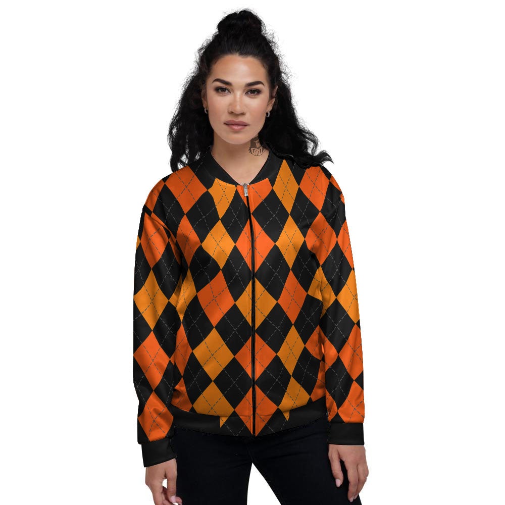 Argyle Black And Orange Print Pattern Women's Bomber Jacket-grizzshop