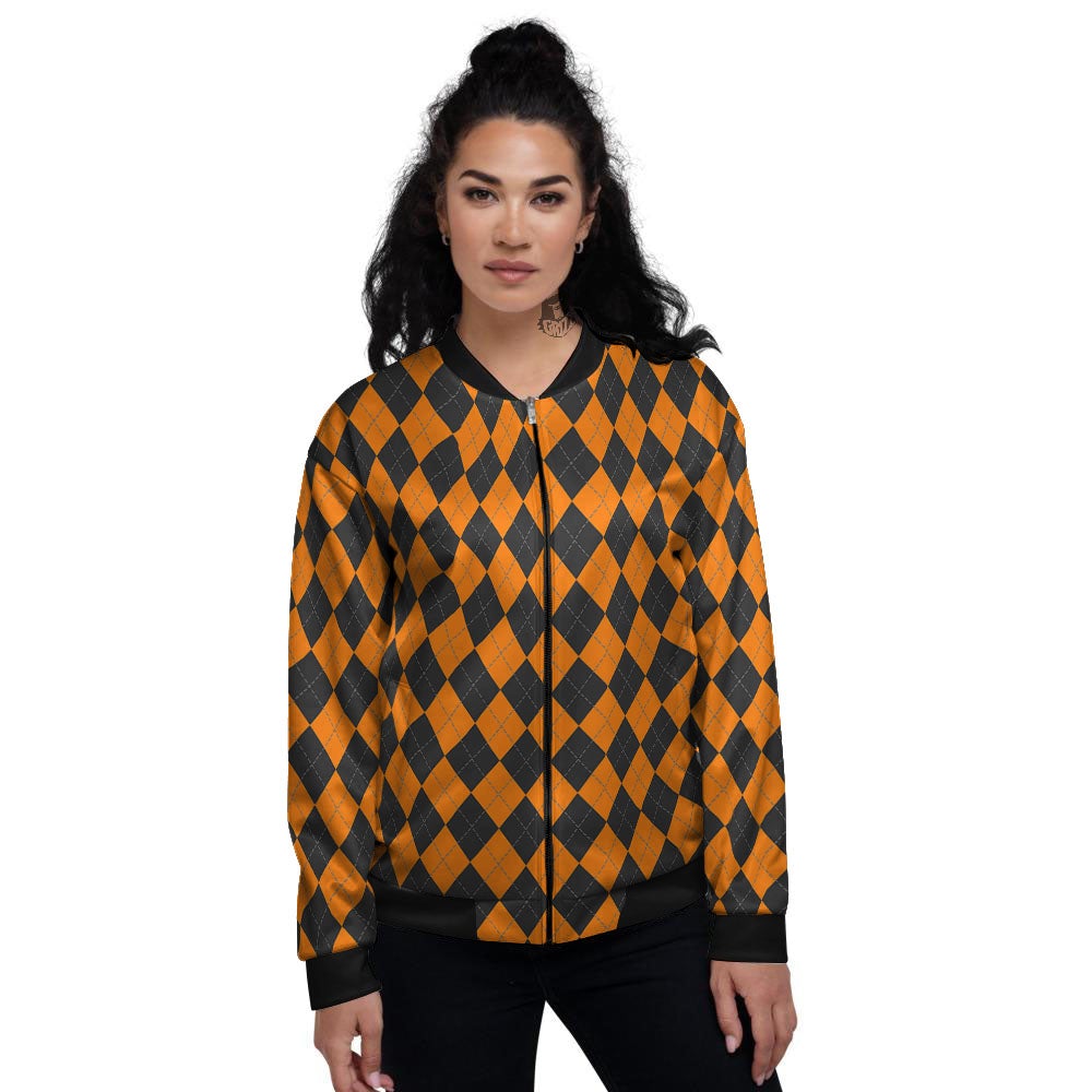 Argyle Black And Orange Print Women's Bomber Jacket-grizzshop